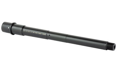 Black firearm barrel with threaded end