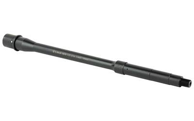 Black rifle barrel with threaded end.