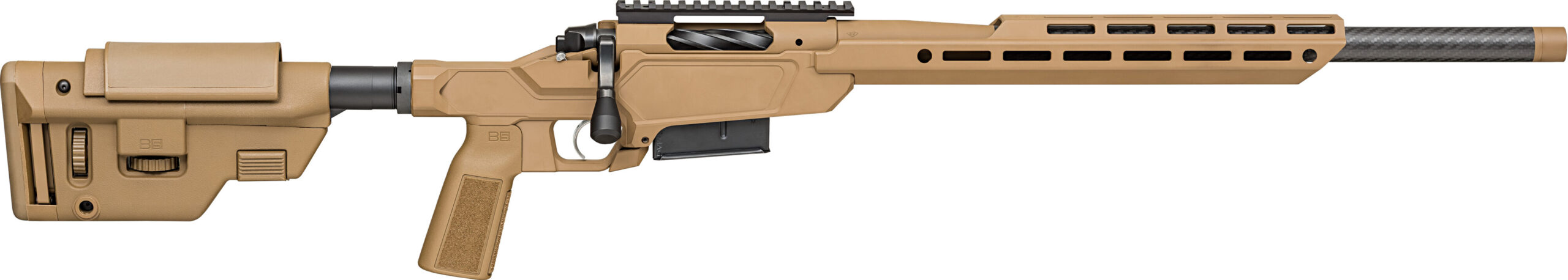 Side view of a tan tactical rifle.