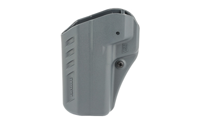 Gray firearm holster with textured surface.