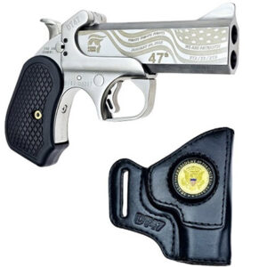 Silver handgun with black grip and holster.
