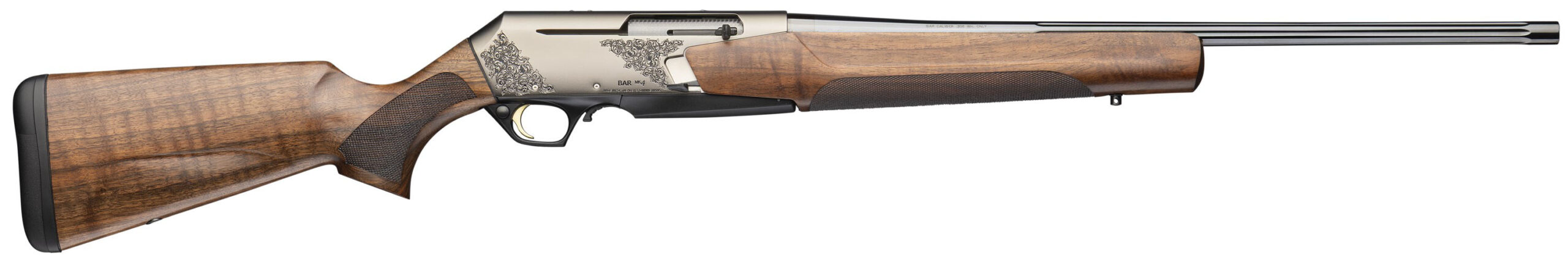 Side view of a shotgun with wooden stock.