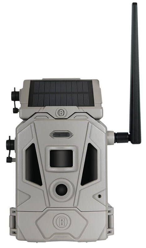 Trail camera with solar panel and antenna.