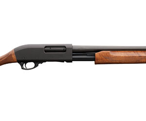 Side view of a shotgun with wooden details.