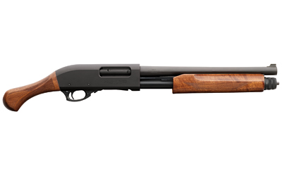 Side view of a shotgun with wooden details.