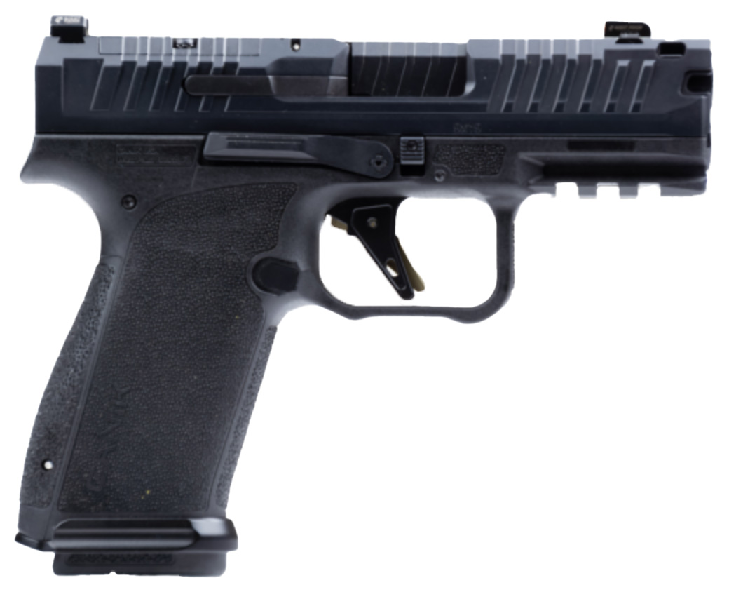 Black semi-automatic pistol with textured grip