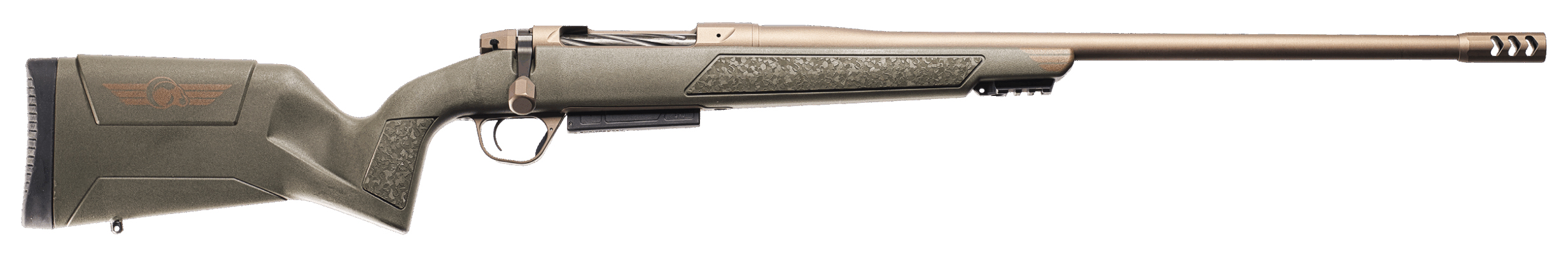 Side view of a military rifle with green finish.