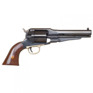 Classic revolver with wooden handle and black barrel.