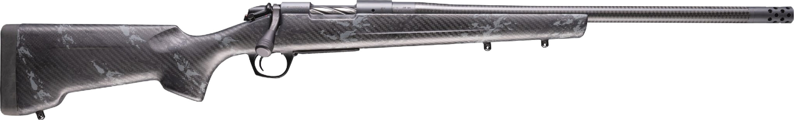 Detailed view of a carbon fiber rifle.
