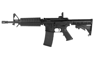 Black modern rifle displayed on a white background.