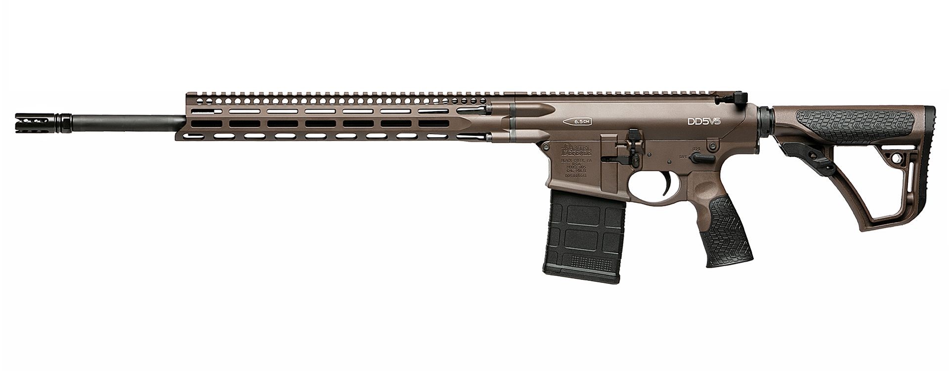 Side view of a modern rifle in brown.