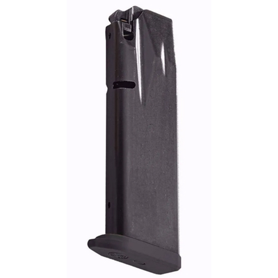 Black firearm magazine with a flat base.