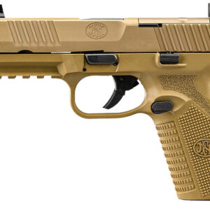Tan semi-automatic handgun with textured grip.