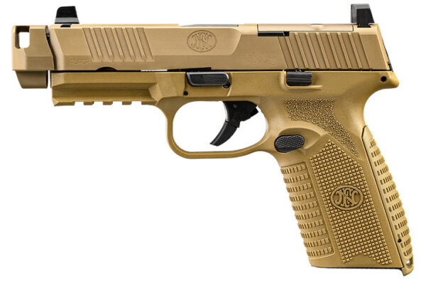 Tan semi-automatic handgun with textured grip.