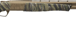 Camo-patterned shotgun on a white background.
