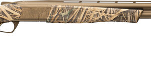 Camo-patterned shotgun on a white background