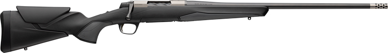Side view of a sleek black rifle.