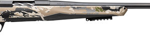 Side view of a camouflage hunting rifle.