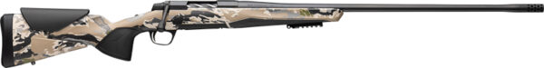 Side view of a camouflage hunting rifle.