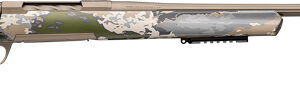 Side view of a camouflaged rifle.