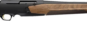 Side view of a rifle with wooden stock.