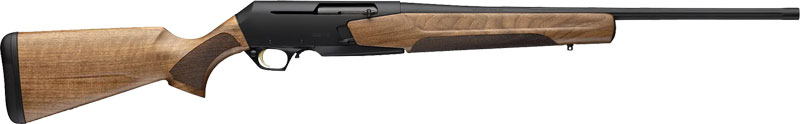 Side view of a rifle with wooden stock.