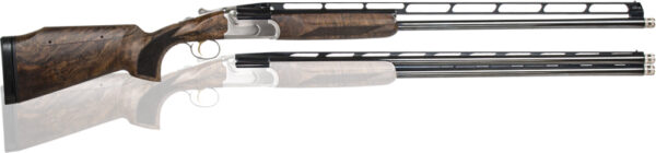 Side view of a sleek double-barrel shotgun.