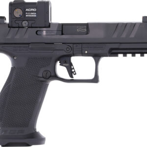 Side view of a black handgun with optics.