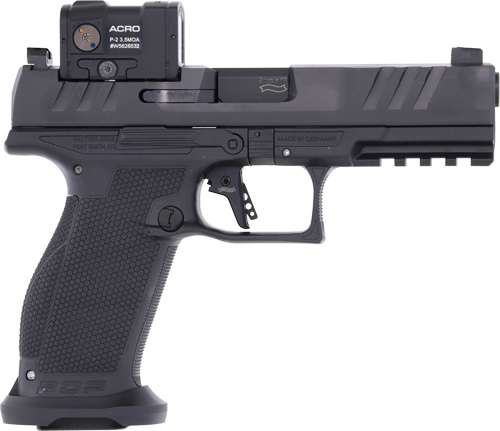 Side view of a black handgun with optics.