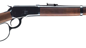 Lever-action rifle with wooden stock and metal barrel.