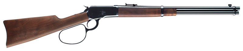 Lever-action rifle with wooden stock and metal barrel.