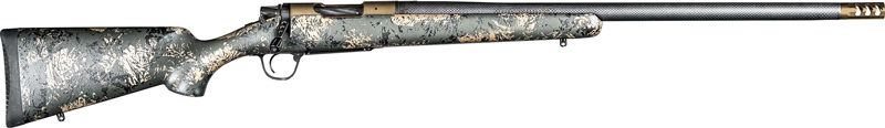 Camouflaged hunting rifle on a white background.
