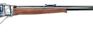 Side view of a vintage rifle with wooden stock.