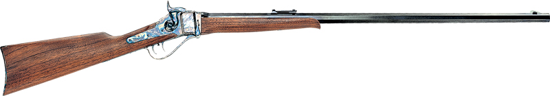 Side view of a vintage rifle with wooden stock.