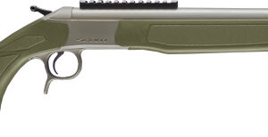 Side view of a green hunting rifle.