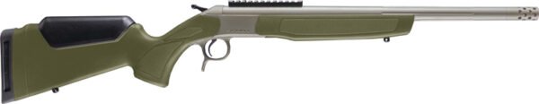 Green hunting rifle with a long barrel.