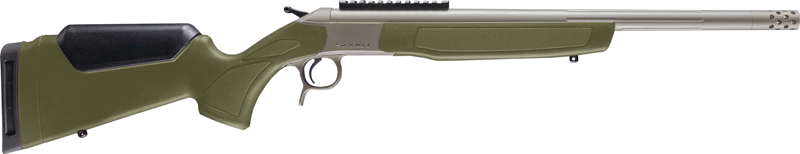 Green hunting rifle with a long barrel.