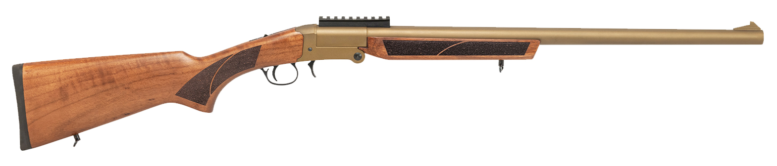 Side view of a golden rifle with wooden stock.