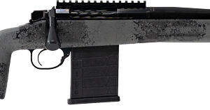 Side view of a gray sniper rifle.