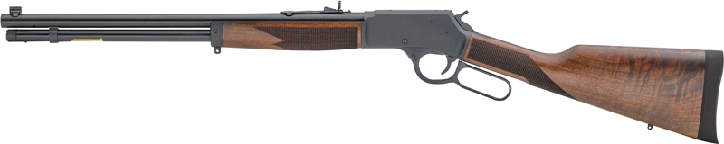 Side view of a wooden rifle with black accents.