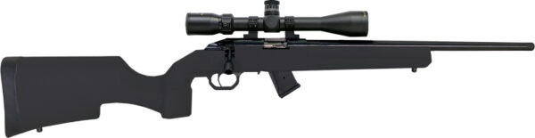 Black rifle with scope on a white background.