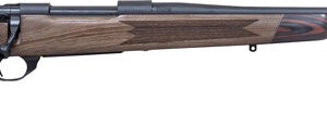 Side view of a sleek rifle with wooden stock.