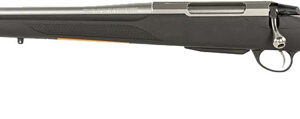 Side view of a sleek hunting rifle.