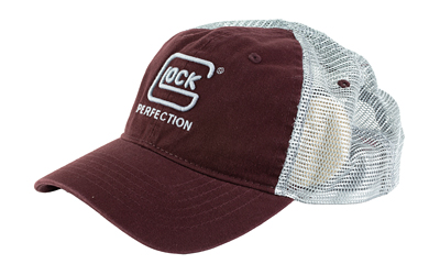 Maroon trucker hat with logo and mesh back.