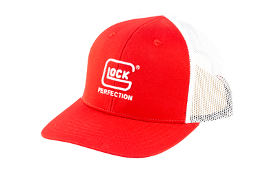 Red trucker cap with white mesh back