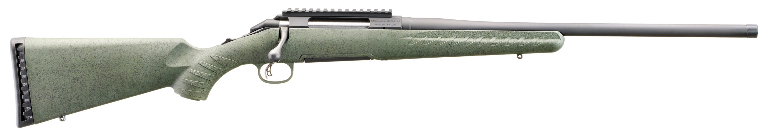 Side view of a green hunting rifle.
