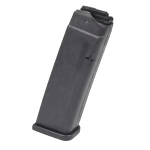 Black firearm magazine on a white background.
