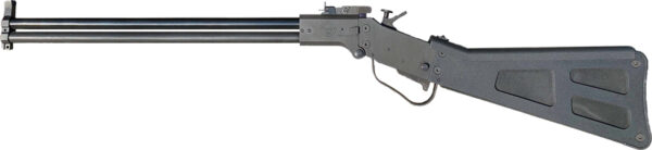 Side view of a black sporting rifle.