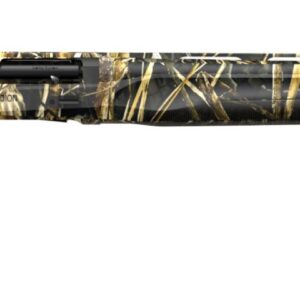 Camouflaged shotgun against a white background