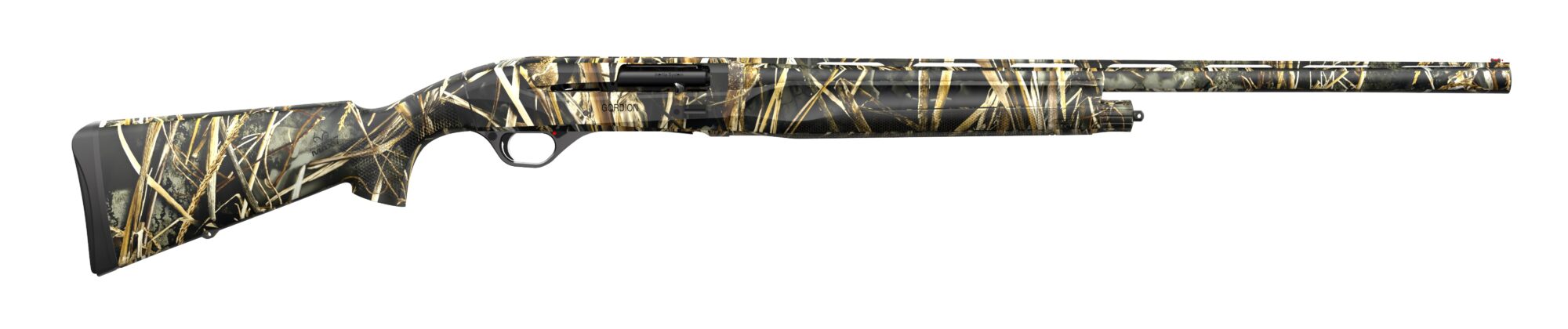 Camouflaged shotgun against a white background